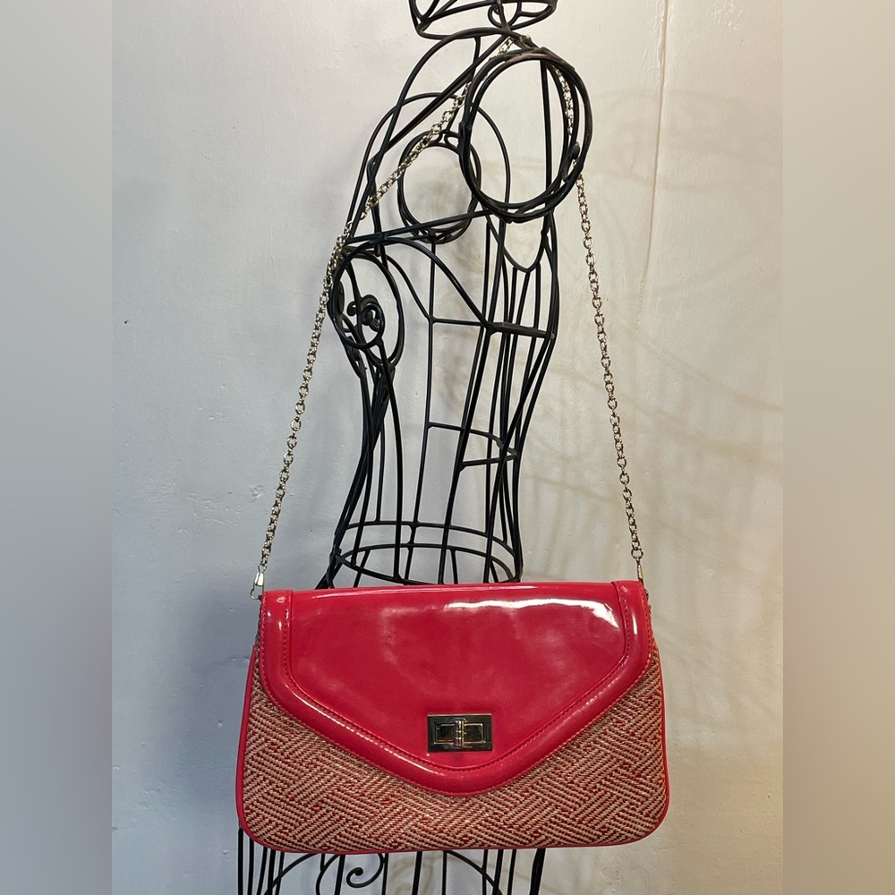 Aldo - Coral Patent & Woven Envelope Clutch with Long Chain Handle #H-21